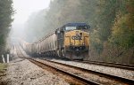 CSX 117 and 5465 wait for green with a line of covered hoppers